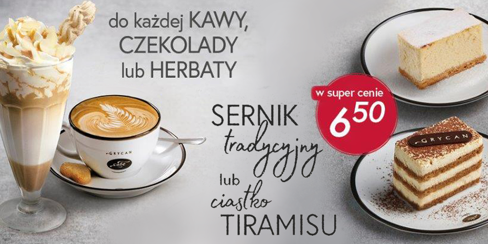 Do każdej kawy, czekolady lub herbaty sernik tradycyjny lub ciasto tiramisu w super cenie 6,50 zł w Grycan - 1